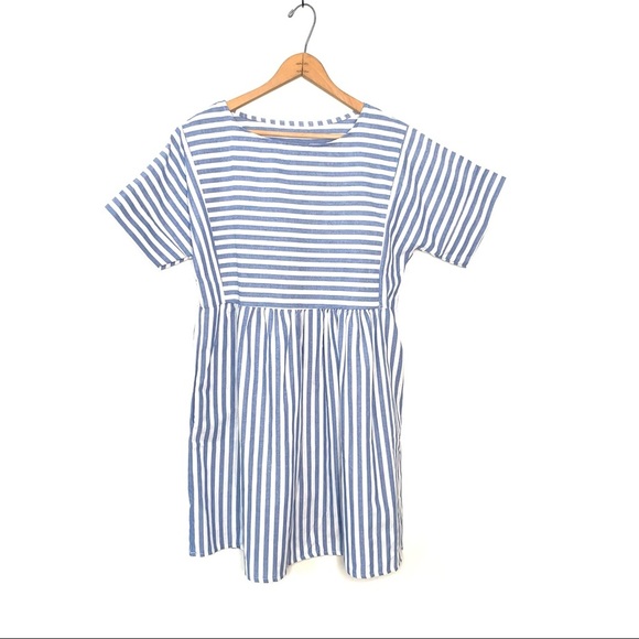 Blue and White Striped Pleated Babydoll Dress